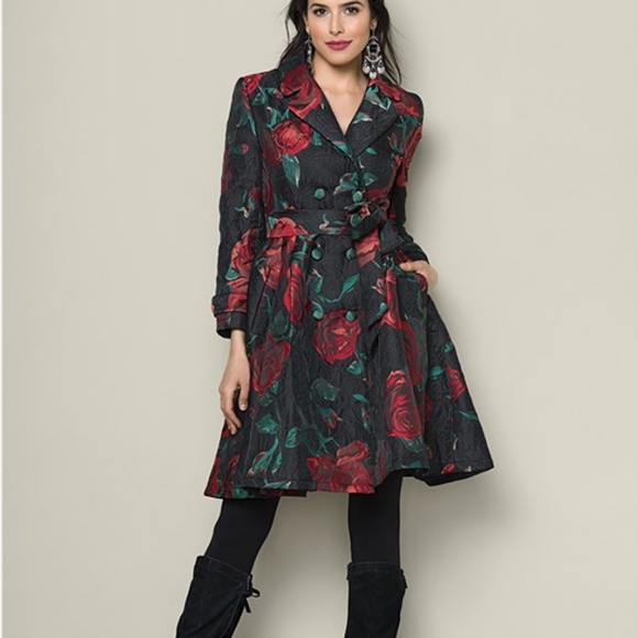 Venus Floral Trench Coat Nwt Black 